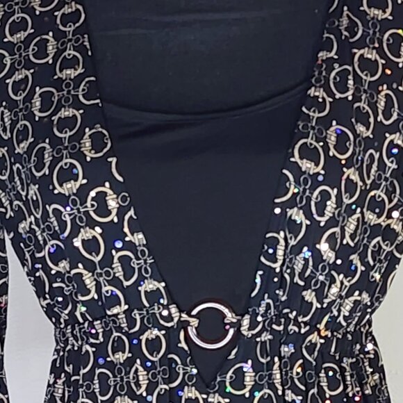 Dressbarn Black Gold Sequins Tortoise Circle Design Layer Look Poly Span Tunic S - Picture 2 of 16